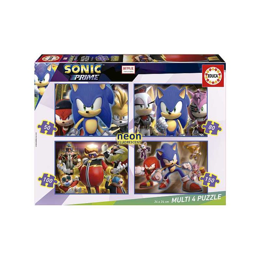 EDUCA Puzzle Multi 4 50-80-100-150 Piezas Sonic Prime Neon | Juguetes