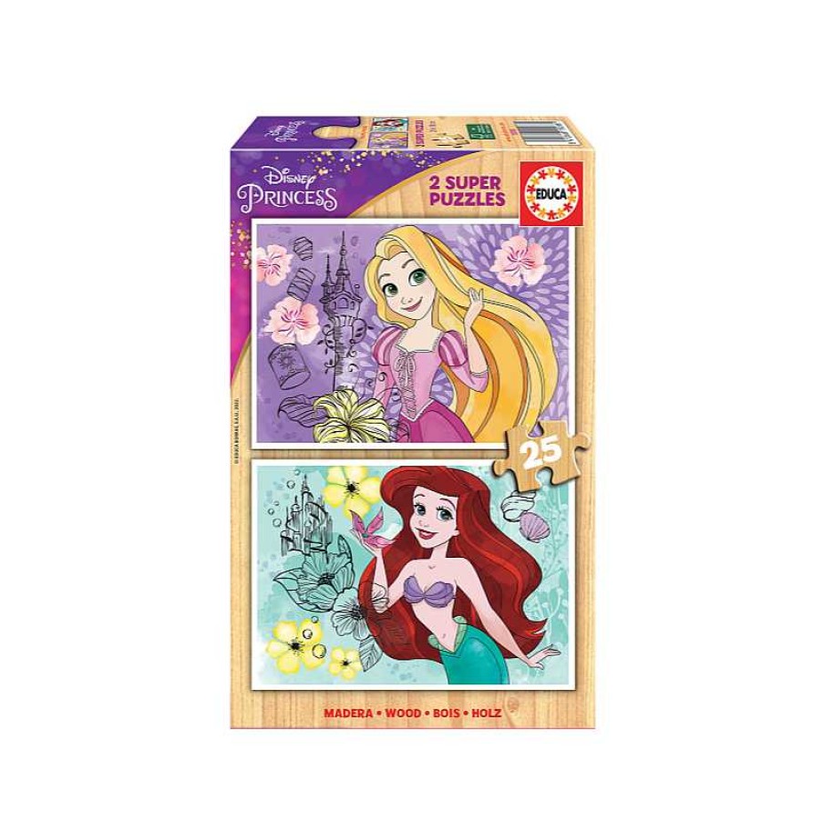 EDUCA Puzzle Madera 2X25 Piezas Disney Princess Rapunzel + Ariel | Juguetes