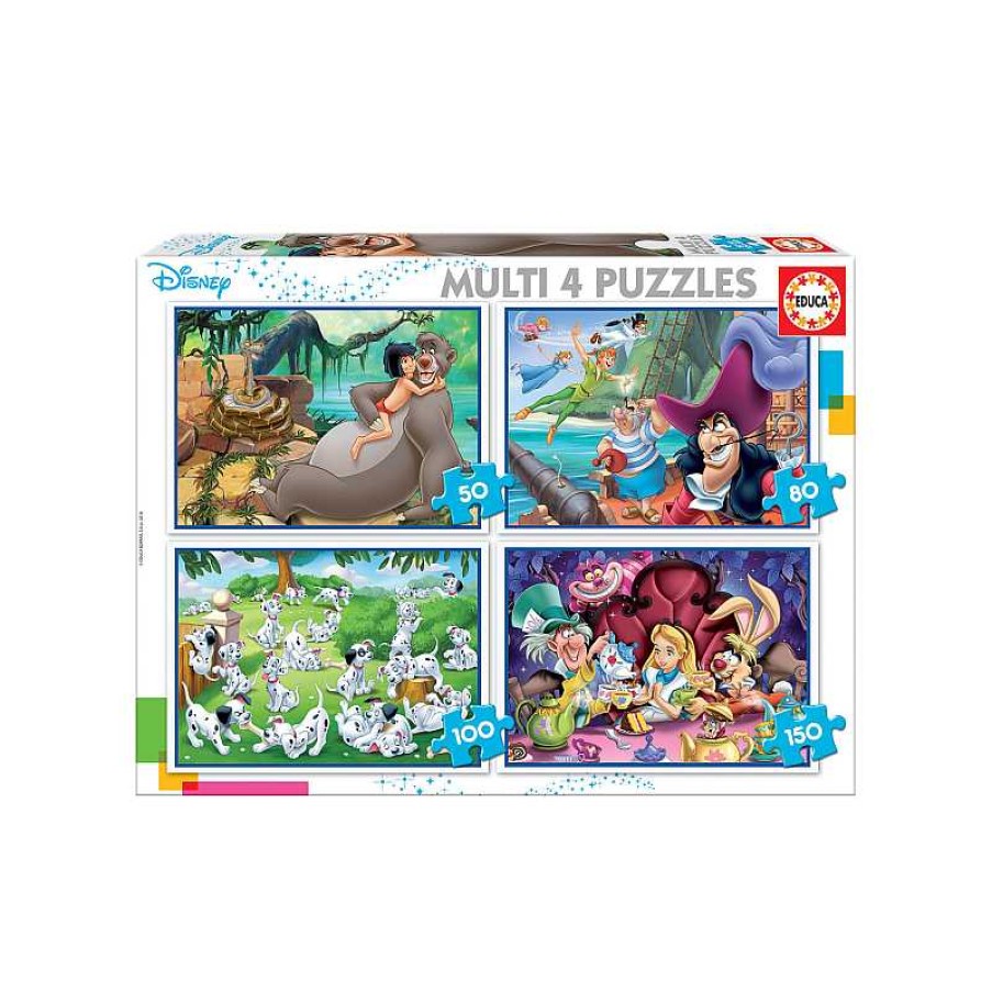 EDUCA Puzzle 50-80-100-150 Piezas Multi 4 Clasicos Disney (Aladdin, Jungle Book, Alicia, Peter Pan) | Juguetes