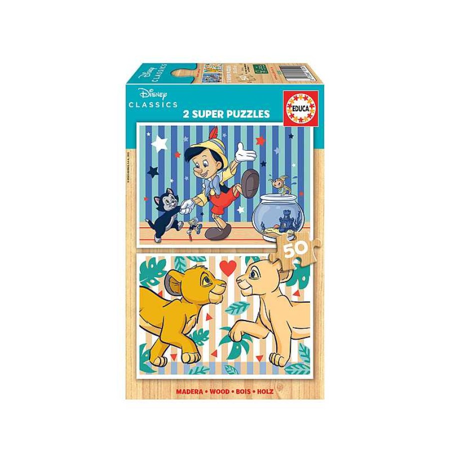 EDUCA Puzzle Madera 2X50 Piezas Disney Classics Pinocho + Rey Leon | Juguetes